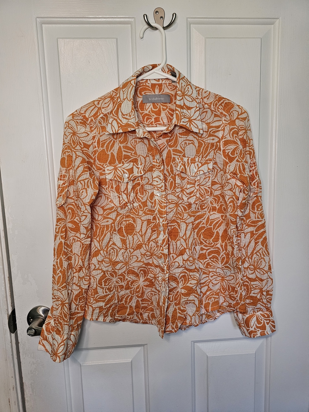 Liz Claiborne Orange Floral Button-Up Long Sleeve Shirt Women's Petite Small